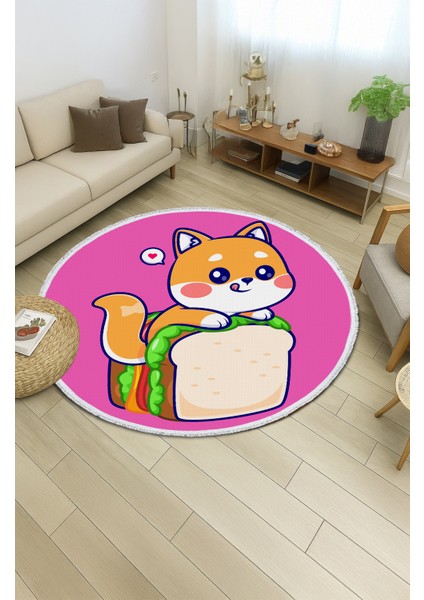 Yuvarlak Çocuk Odası Halısı - Sevimli Kedi Sandviç Tasarımlı Pembe Halı