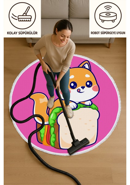 Yuvarlak Çocuk Odası Halısı - Sevimli Kedi Sandviç Tasarımlı Pembe Halı