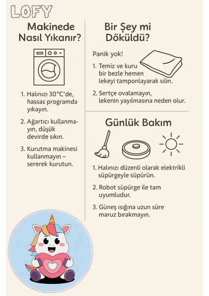 Yuvarlak Çocuk Odası Halısı - Kalpli Unicorn Desenli Renkli Sevimli Halı