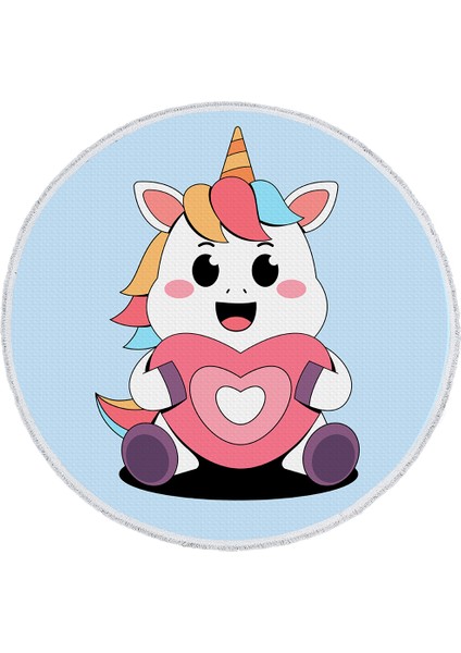 Yuvarlak Çocuk Odası Halısı - Kalpli Unicorn Desenli Renkli Sevimli Halı