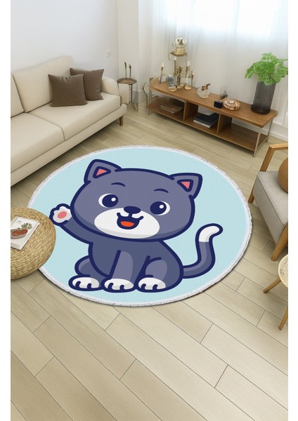 Yuvarlak Çocuk Odası Halısı - Sevimli Gri Kedi Desenli Kaymaz Halı