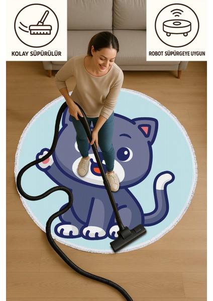 Yuvarlak Çocuk Odası Halısı - Sevimli Gri Kedi Desenli Kaymaz Halı
