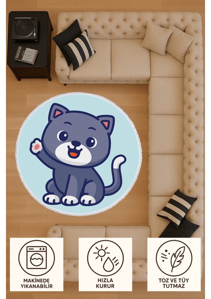 Yuvarlak Çocuk Odası Halısı - Sevimli Gri Kedi Desenli Kaymaz Halı