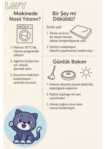 Yuvarlak Çocuk Odası Halısı - Sevimli Gri Kedi Desenli Kaymaz Halı