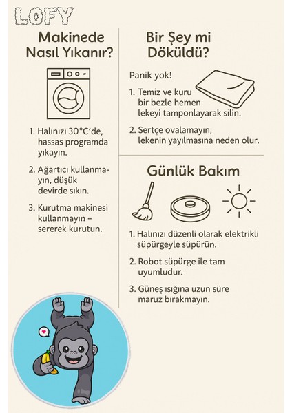Çocuk Halısı – Muz Tutan Sevimli Goril Deseni | Yuvarlak | Kaymaz Taban | Mavi Zemin
