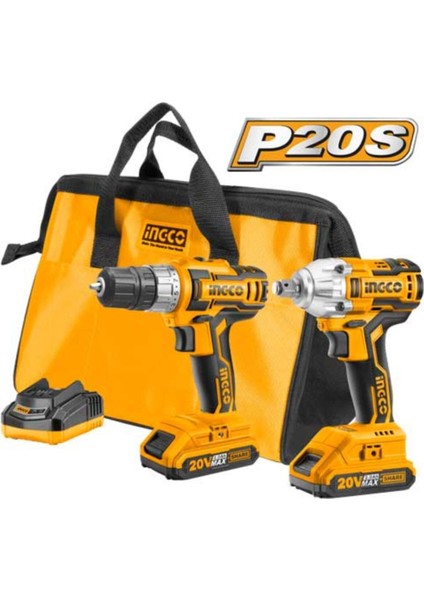 20V Lithium-Ion 2'li Şarjlı Matkap ve Somun Sökme Seti, Kömürsüz Motor, 2 Batarya