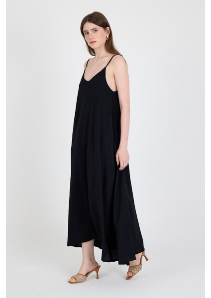Siyah Askılı V Yaka Bol Kesim Dokuma Elbise 20003