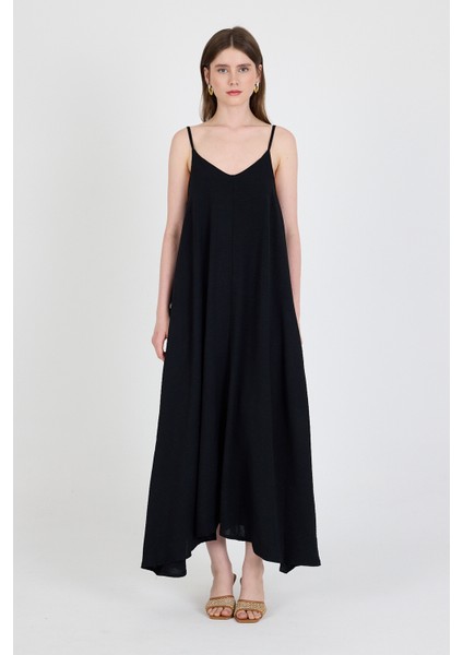 Siyah Askılı V Yaka Bol Kesim Dokuma Elbise 20003 fiyatları