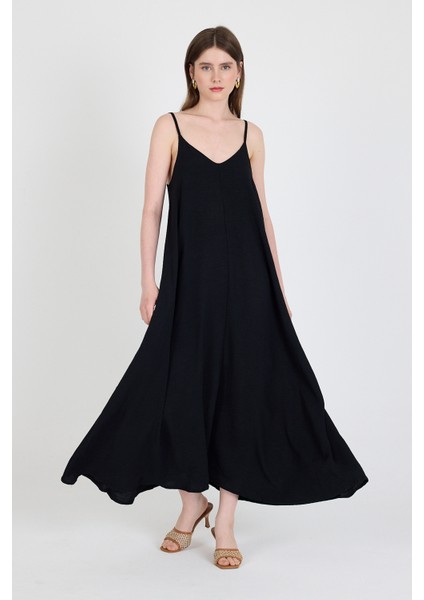 Siyah Askılı V Yaka Bol Kesim Dokuma Elbise 20003 modelleri