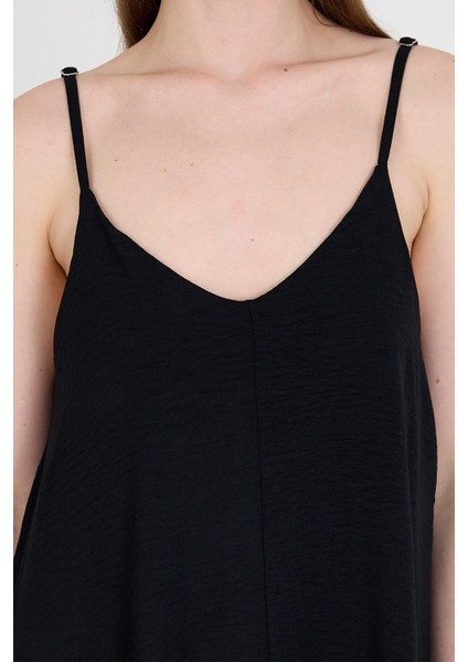 Siyah Askılı V Yaka Bol Kesim Dokuma Elbise 20003 fırsatları