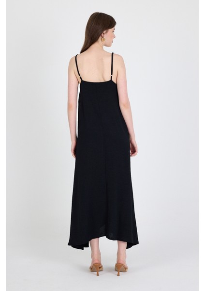 Siyah Askılı V Yaka Bol Kesim Dokuma Elbise 20003 indirimleri