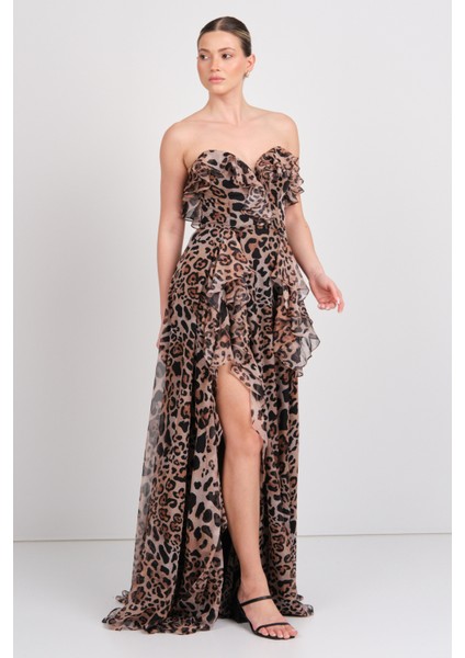 Kadın Straplez Leopar Desenli Maxi Abiye Elbise 8317 Leopar