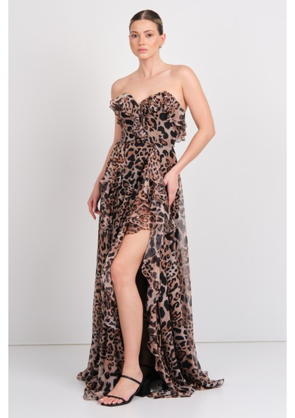 Kadın Straplez Leopar Desenli Maxi Abiye Elbise 8317 Leopar