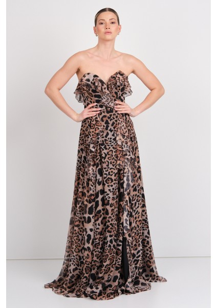 Kadın Straplez Leopar Desenli Maxi Abiye Elbise 8317 Leopar