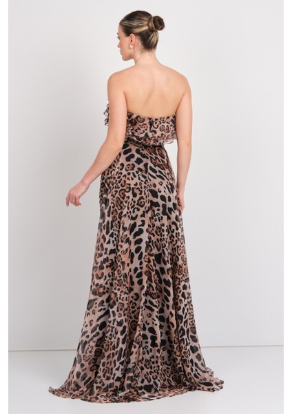 Kadın Straplez Leopar Desenli Maxi Abiye Elbise 8317 Leopar
