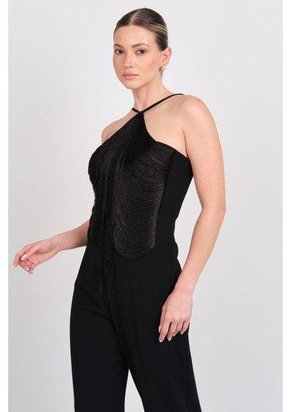 Kadın Püskül Detaylı Boyundan Bağlamalı Abiye Tulum 2283 Siyah modelleri