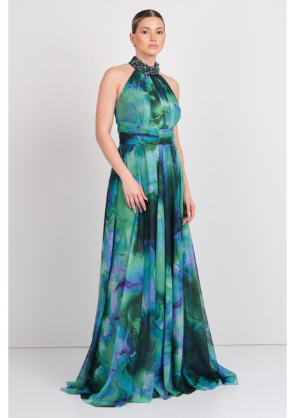 Kadın Halter Yaka Desenli Maxi Abiye Elbise 5657 Yeşil