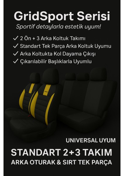 Dacia 1300 1969–2006 – Vira Gripdsport Serisi Deri Detaylı Standart100 Sertifikalı Araç Koltuk Kılıfı Seti Siyah - Sarı fiyatları