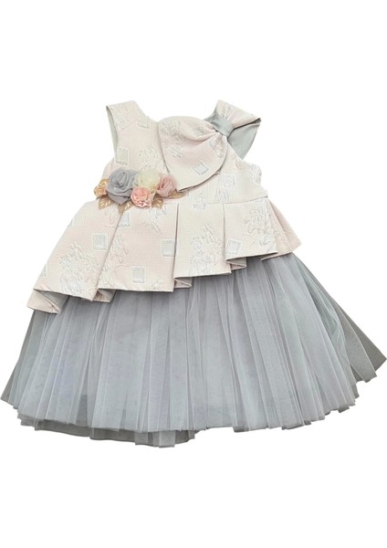 Yazlık Jakar Çiçekli Papyonlu Türlü Astarlı Lüks Arkadan Gizli Fermuarli kız elbise