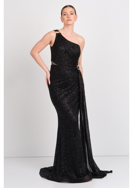 Kadın Tek Omuzlu Full Taşlı Balık Form Abiye Elbise 5523 Siyah