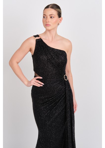 Kadın Tek Omuzlu Full Taşlı Balık Form Abiye Elbise 5523 Siyah fiyatları