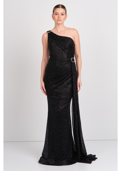 Kadın Tek Omuzlu Full Taşlı Balık Form Abiye Elbise 5523 Siyah modelleri