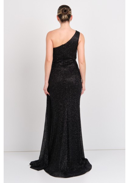 Kadın Tek Omuzlu Full Taşlı Balık Form Abiye Elbise 5523 Siyah fırsatları