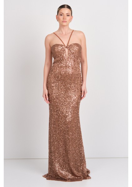 Kadın Pul Payet Göğüs Dekolteli Saten Askılı Maksi Boy Abiye Elbise 58004 Bakır fiyatları