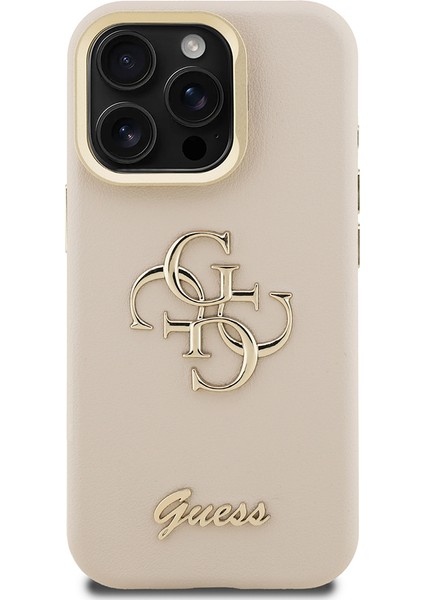 iPhone 15 Pro Max Uyumlu Kılıf Guess Orjinal Lisanslı Grained Yazı Logolu Kamera Standlı Kapak Bej