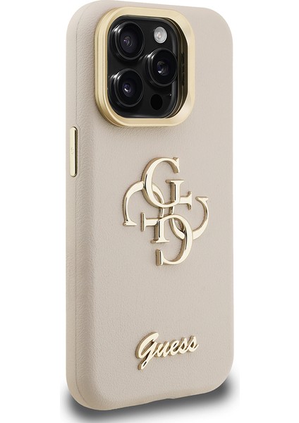 iPhone 15 Pro Max Uyumlu Kılıf Guess Orjinal Lisanslı Grained Yazı Logolu Kamera Standlı Kapak Bej