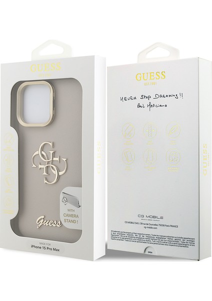 iPhone 15 Pro Max Uyumlu Kılıf Guess Orjinal Lisanslı Grained Yazı Logolu Kamera Standlı Kapak Bej