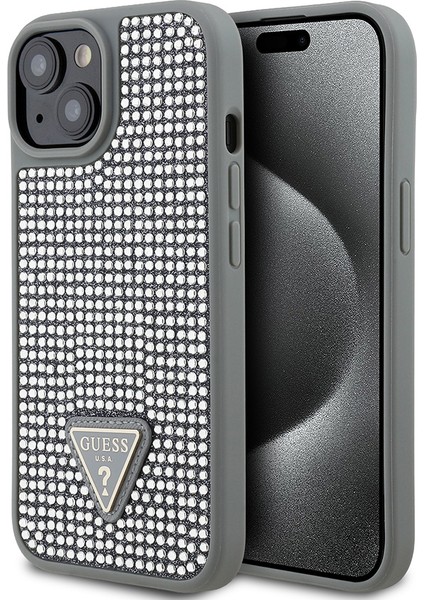 iPhone 14 Uyumlu Kılıf Guess Orjinal Lisanslı Taşlı Arka Yüzey Üçgen Logolu Kapak Gümüş