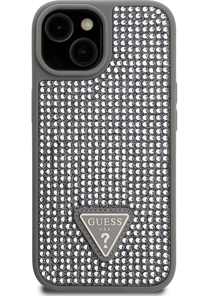 iPhone 14 Uyumlu Kılıf Guess Orjinal Lisanslı Taşlı Arka Yüzey Üçgen Logolu Kapak Gümüş fiyatları