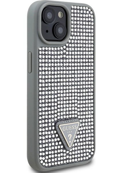 iPhone 14 Uyumlu Kılıf Guess Orjinal Lisanslı Taşlı Arka Yüzey Üçgen Logolu Kapak Gümüş modelleri