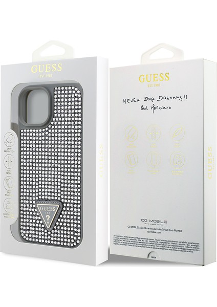 iPhone 14 Uyumlu Kılıf Guess Orjinal Lisanslı Taşlı Arka Yüzey Üçgen Logolu Kapak Gümüş indirimleri