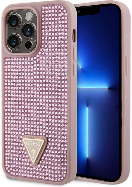iPhone 13 Pro Max Uyumlu Kılıf Guess Orjinal Lisanslı Taşlı Arka Yüzey Üçgen Logolu Kapak Pembe