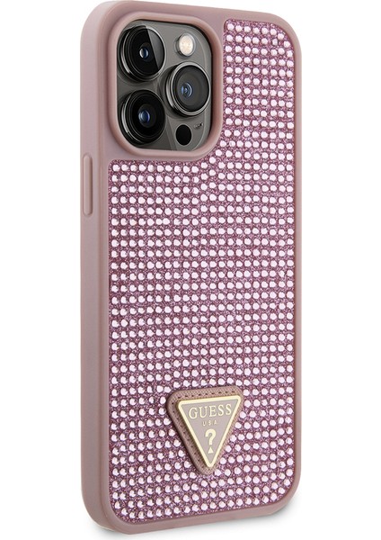iPhone 13 Pro Max Uyumlu Kılıf Guess Orjinal Lisanslı Taşlı Arka Yüzey Üçgen Logolu Kapak Pembe modelleri
