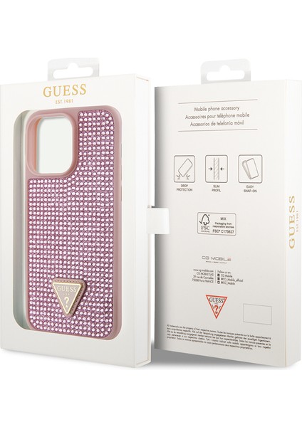 iPhone 13 Pro Max Uyumlu Kılıf Guess Orjinal Lisanslı Taşlı Arka Yüzey Üçgen Logolu Kapak Pembe indirimleri