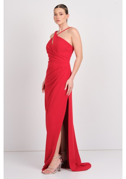 Kadın Boyundan Bağlamalı Krep Kumaş Maxi Abiye Elbise 8310 Kırmızı