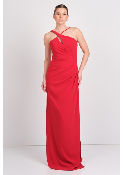 Kadın Boyundan Bağlamalı Krep Kumaş Maxi Abiye Elbise 8310 Kırmızı modelleri