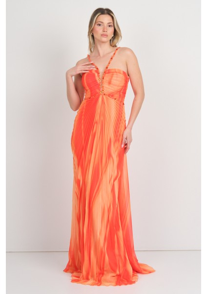 Kadın Boyundan Bağlamalı Desenli Maxi Abiye Elbise 5564 Oranj