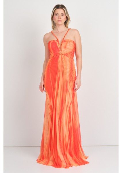 Kadın Boyundan Bağlamalı Desenli Maxi Abiye Elbise 5564 Oranj fiyatları