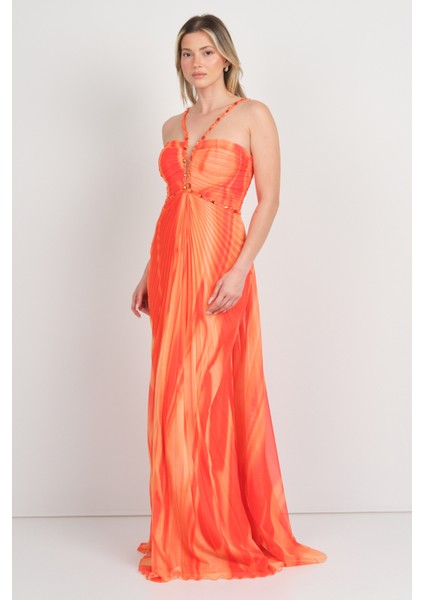 Kadın Boyundan Bağlamalı Desenli Maxi Abiye Elbise 5564 Oranj modelleri