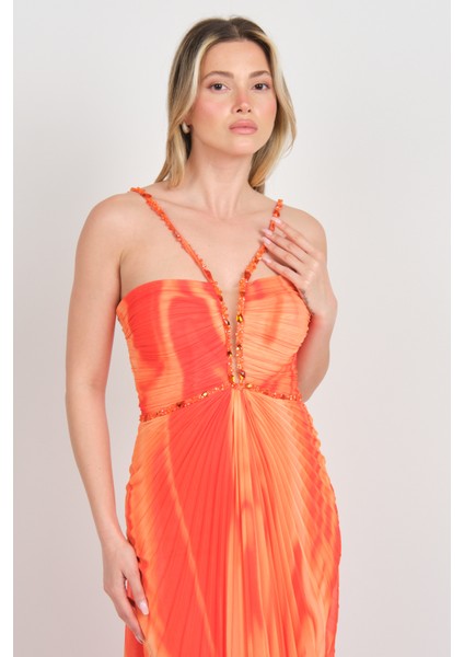 Kadın Boyundan Bağlamalı Desenli Maxi Abiye Elbise 5564 Oranj fırsatları