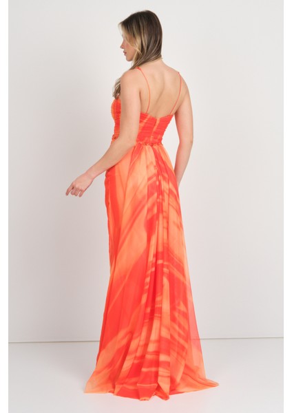 Kadın Boyundan Bağlamalı Desenli Maxi Abiye Elbise 5564 Oranj indirimleri
