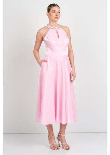 Kadın Halter Yaka Saten Midi Abiye Elbise 5624 Pembe