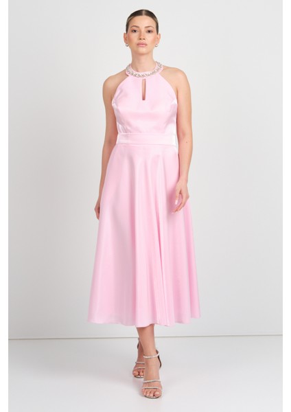 Kadın Halter Yaka Saten Midi Abiye Elbise 5624 Pembe