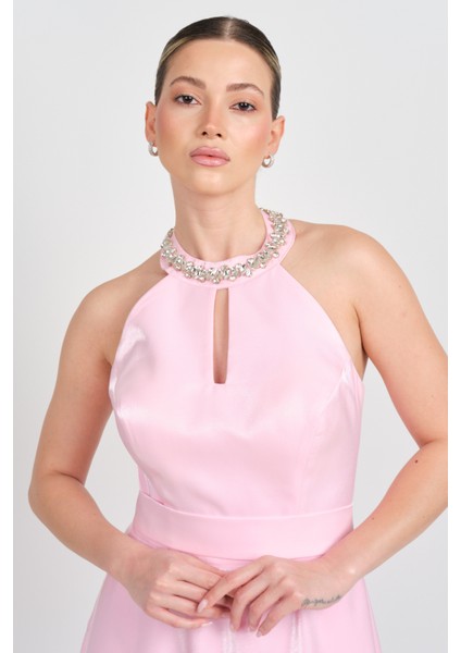 Kadın Halter Yaka Saten Midi Abiye Elbise 5624 Pembe