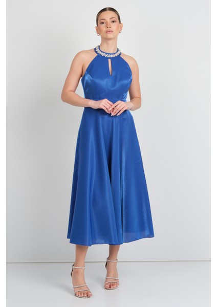 Kadın Halter Yaka Saten Midi Abiye Elbise 5624 Saks