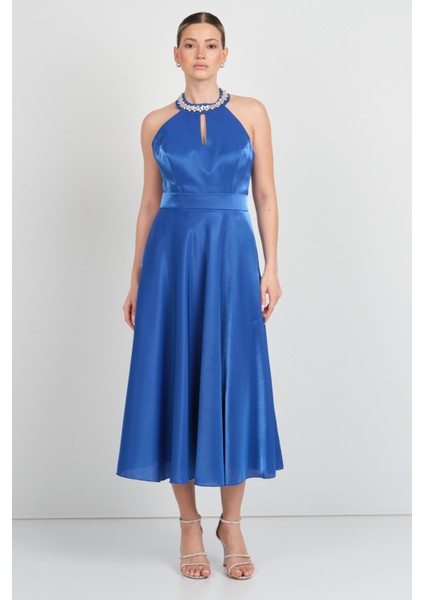 Kadın Halter Yaka Saten Midi Abiye Elbise 5624 Saks